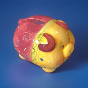 Purple‎ and Yellow Ceramic Coin Piggy Bank w/ Stopper From Pier 1- So Darn Cute